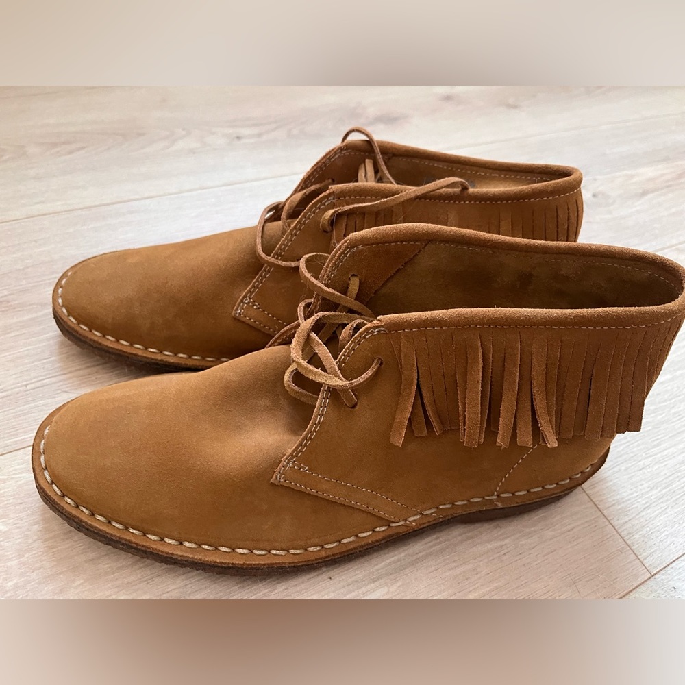 JCrew leather Macalister Suede Fringe moccasin booties ankle boots round toe tie